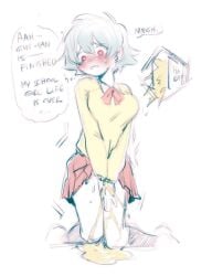 alternate_costume bladder blush canon_genderswap colored_sketch covering_crotch dialogue doodle embarrassed english_text female female_only genderswap_(mtf) ginko_sakata gintama gintoki_sakata kneeling knees_together_feet_apart need_to_pee niichan omorashi pee_puddle peeing peeing_self pleated_skirt red_eyes rule_63 school_uniform schoolgirl short_hair sketch solo speech_bubble tears urination urine