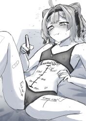 1girls ahoge bandaid bandaids_on_nipples belly_button black_and_white blush blush_lines body_writing cone_hair_bun english_text fang_out flat_chest flat_chested hi_res highres looking_down marker measuring_penetration_depth midriff navel nijisanji nijisanji_en one_fang penetration_depth_mark pussy see-through see-through_bra see-through_clothing see-through_panties small_breasts solo solo_female solo_focus steam sweat sweatdrop taroko3 text text_on_body twin_buns underwear underwear_only vagina virtual_youtuber zaion_lanza
