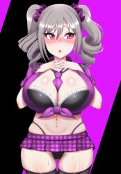 1girls american_school bimbo blush bra_cups_sticking_out cleavage cowboy_shot cross_earrings earrings esq_meidai_(artist) female_only frilly_bra front-tie_top gyaru idol idolmaster kanzaki_ranko large_breasts light-skinned_female microskirt midriff navel_piercing necktie_between_breasts pierced_navel plaid_skirt purple_eyes purple_necktie purple_shirt purple_skirt shiny_breasts silver_hair skimpy_clothes skindentation slutty_outfit solo_female standing stockings sweatdrop the_idolm@ster the_idolm@ster_cinderella_girls thong thong_above_skirt thong_panties thong_straps tied_shirt twin_drills twintails very_short_skirt