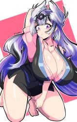 1girls bare_legs barefoot blue_hair breasts curvy female female_only fire_emblem fire_emblem_engage grey_hair huge_breasts kneeling legs light-skinned_female light_skin long_hair multicolored_hair nintendo purple_eyes purple_hair senak012 solo very_long_hair veyle_(fire_emblem) voluptuous