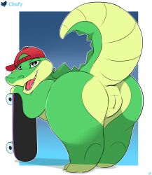 2023 alligator alligatorid animal_genitalia anus artist_name ass baseball_cap clothing cloufy crocodilian digital_media_(artwork) genital_slit genitals green_body greenjamin_gator hat headgear headwear hi_res looking_at_viewer male open_mouth presenting presenting_hindquarters presenting_slit rear_view reptile scalie sideways_baseball_cap simple_background skateboard skator_gator slit solo