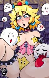 1girls ambiguous_gender belly_button blonde_hair blue_eyes blush boo_(mario) bottomless breasts collar corset crown female human jennlumm licking light_skin lipstick long_tongue mario_(series) mob_face navel nintendo open_mouth pasties princess_peach short_hair spiked_collar spread_legs super_mario_world thick_lips tongue