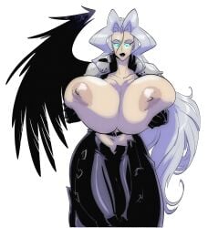 1girls areola areolae black_wings bursting_breasts busty cleavage final_fantasy final_fantasy_vii gigantic_breasts huge_breasts humanoid hyper_breasts light-skinned_female light_skin long_hair midriff navel no_bra rule_63 sephimom sephiroth slb super_smash_bros. voluptuous white_hair wings