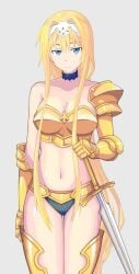 alice_schuberg annoyed armor artist_request big_breasts bikini_armor blonde_hair blue_eyes choker cleavage gauntlets gold_(metal) golden_armor headband naked_armor sword sword_art_online sword_art_online_alicization very_long_hair