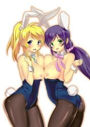 2girls ayase_eli black_pantyhose blonde_hair blue_eyes breast_to_breast breasts_together bunnysuit fake_animal_ears fake_tail female_only green_eyes leotard love_live! multiple_girls open_mouth ponytail purple_hair sonoda_juuka toujou_nozomi