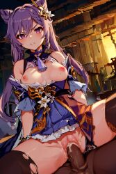 ai_generated angry big_breasts blush clenched_teeth clothing cum cum_inside dark-skinned_male dress genshin_impact hair_ornament interracial keqing_(genshin_impact) legwear light-skinned_female penetration purple_eyes purple_hair ripped_clothes ripped_clothing ripped_thighhighs sitting_on_person slim_waist thick_thighs thighhighs thin_waist vaginal_penetration