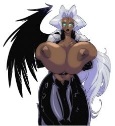 1girls areola areolae black_wings brown_body brown_skin bursting_breasts busty cleavage dark-skinned_female dark_skin final_fantasy final_fantasy_vii gigantic_breasts huge_breasts humanoid hyper_breasts long_hair midriff navel no_bra rule_63 sephimom sephiroth slb super_smash_bros. voluptuous white_hair wings