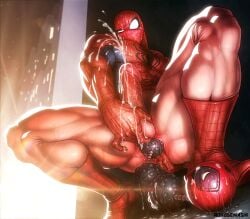 1boy anal_insertion bara beads beads_(sex_toy) cumming ejaculating_cum gay male male_only male_penetrated marvel muscular muscular_male muscular_thighs penis rokudenashi solo solo_male spider-man spider-man_(series)