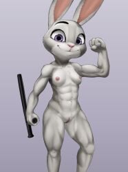 abs anthro breasts club_(weapon) disney female flexing fur genitals grey_body grey_fur hi_res judy_hopps lagomorph leporid mammal melee_weapon muscular muscular_anthro muscular_female nightstick nsfy_(artist) nude pose purple_eyes pussy rabbit small_breasts solo weapon zootopia