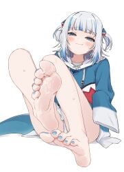 animal_hood ass bangs bare_legs barefoot blue_hair blue_hoodie blue_nails blunt_bangs blush closed_mouth collarbone cum cum_on_body cum_on_feet feet female foot_fetish foot_focus foreshortening gawr_gura grey_hair hair_ornament highres hololive hololive_english hololive_myth hood hoodie kahlua_(artist) knees_up legs looking_at_viewer multicolored_hair nail_polish oerba_yun_fang panties pantyshot shark_girl shark_hair_ornament shark_hood simple_background sleeves_past_fingers sleeves_past_wrists soles solo streaked_hair sweatdrop teeth toenail_polish toenails toes two_side_up underwear virtual_youtuber white_background white_panties