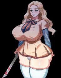 1girls android ass big_ass big_breasts big_butt blonde_hair blood blue_eyes breasts clothed clothing dress female female_only hyper_thighs knife large_ass large_breasts long_hair looking_at_viewer m3gan m3gan_(film) massive_thighs nipple_bulge panties simple_background skirt smile solo solo_female standing thick_thighs thighhighs thunder_thighs voluptuous weapon wide_hips ytrall