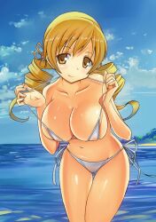 1girls bikini blonde_hair blush large_breasts mahou_shoujo_madoka_magica mami_tomoe puella_magi_madoka_magica see-through see-through_swimsuit short_hair smile solo sonoda_juuka swimsuit tomoe_mami water wet_swimsuit white_bikini