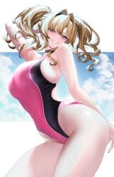 absurdres alternate_costume arm_up bangs bare_arms bare_shoulders blonde_hair blue_eyes blush breasts competition_swimsuit covered_navel female granblue_fantasy hair_intakes highleg highleg_swimsuit highres large_breasts long_hair looking_at_viewer one-piece_swimsuit outdoors parted_lips smile solo swimsuit teeth thick_thighs thighs twintails two-tone_swimsuit ulrich_(tagaragakuin) wet zeta_(granblue_fantasy)