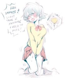 alternate_costume bladder bladder_gauge blush canon_genderswap closed_eyes colored_sketch covering_crotch dialogue doodle english_text female female_only genderswap_(mtf) ginko_sakata gintama gintoki_sakata have_to_pee kneeling knees_together_feet_apart need_to_pee niichan omorashi peeing pleated_skirt rule_63 school_uniform schoolgirl short_hair sketch solo speech_bubble urine urine_in_bladder