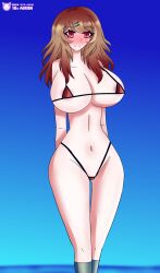 2023 airiin220 big_breasts bikini brown_hair female female_only huge_breasts kotonoha_project maimai_(game) micro_bikini nick_(kotonoha_project) nicklyn pink_eyes rule_63 smile socks swimsuit thighs thong