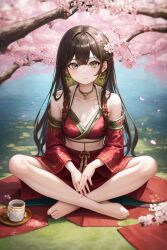 brown_hair calm cherry_blossoms clothed earrings green_eyes long_hair looking_at_viewer sitting small_breasts