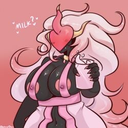 blush choccy_milk clothing dialogue imbluedexo_(artist) looking_at_viewer milk milo_(drink) nestle nipple_bulge quieres? saryn_(warframe) saryn_prime_(warframe) strawberry_milk warframe wearing_others_clothes