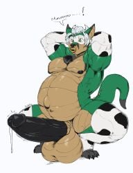 anthro balls belly big_balls big_belly big_penis bodily_fluids cow_costume cow_print_armwear cow_print_thighhighs cowbell facial_piercing genital_fluids genitals hi_res huge_balls huge_cock hyper hyper_balls hyper_genitalia hyper_penis jin_(jindragowolf) jindragowolf male nose_piercing nose_ring penis piercing precum ring_piercing solo