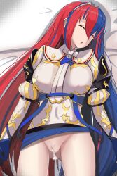 1girls after_rape after_sex after_vaginal alear_(female)_(fire_emblem) alear_(fire_emblem) ass_visible_through_thighs bare_thighs blue_hair bottomless breasts censored closed_eyes creampie cum cum_in_pussy cum_inside female female_only fire_emblem fire_emblem_engage gloves hair_between_eyes large_breasts long_hair multicolored_hair nintendo on_back on_bed open_mouth partially_clothed pov pussy red_hair shincito skirt skirt_lift sleeping solo thighs tiara upskirt very_long_hair