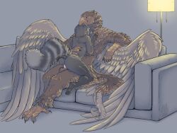 anthro apawcalyptic avian balls digital_media_(artwork) duo erection female fur genitals gryphon male male/female male_penetrating mammal mythological_avian mythology nude penetration penis procyonid raccoon sex