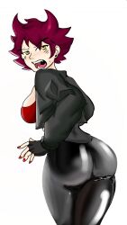 ass big_breasts blush cassandra_(newgrounds) ear_piercing fangs female goth goth_girl huge_ass leather_clothing leather_jacket looking_back nail_polish newgrounds pico's_school red_hair sharp_teeth sideboob solo sweatdrop tagme thick_thighs yellow_eyes