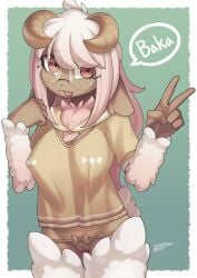 1girls :p add9575 animal_ears dialogue english_text ewe female female_focus fur furry looking_at_viewer only sakura_hichuena sheep sheep_girl sheep_horns solo tagme tongue tongue_out white_wool wool wool_(fur) zinfyu