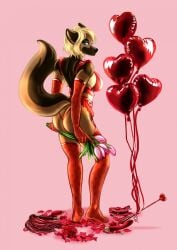 2023 anthro armwear ass balloon big_breasts big_butt black_nose blonde_hair bra breasts brown_body brown_fur canid canine canis cinnameana clothing collar domestic_dog dora_schutzhund elbow_gloves female flower flower_petals fur garter_straps german_shepherd gloves green_eyes hair handwear heart heart_balloon herding_dog hi_res holding_flower holding_object holidays inflatable legwear lingerie looking_at_viewer looking_back looking_back_at_viewer mammal pastoral_dog petals pink_background plant rear_view red_armwear red_bra red_clothing red_collar red_elbow_gloves red_gloves red_handwear red_legwear red_lingerie red_thigh_highs red_thong red_underwear rose_(flower) rose_petals sex_toy simple_background solo standing thigh_highs thong underwear valentine's_day vibrator whip