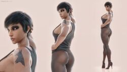 16:9_aspect_ratio 3d black_eyes black_hair blender clothing dark-skinned_female dark_skin female footwear hand_in_hair high_heels high_resolution large_filesize looking_at_viewer looking_away muscle muscular_female nylon nylons overwatch pharah pharah-best-girl pinup self_upload shoes short_hair tank_top tomboy very_high_resolution