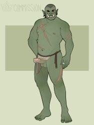 absurd_res balls barefoot bottomwear clothing feet genital_piercing genitals hi_res humanoid kingdragyn loincloth male male_only mostly_nude muscular muscular_male orc orc_male penis penis_piercing piercing prince_albert_piercing scar solo tusks