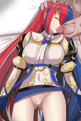 1boy 1girls alear_(female)_(fire_emblem) alear_(fire_emblem) ass_visible_through_thighs bare_thighs blue_hair bottomless breasts censored closed_eyes fellatio female female_focus fire_emblem fire_emblem_engage gloves hair_between_eyes large_breasts long_hair male male_pov multicolored_hair nintendo on_back on_bed open_mouth oral partially_clothed pov pussy rape rapist_pov red_hair sex shincito skirt skirt_lift sleep_molestation sleeping solo_focus thighs tiara upskirt very_long_hair