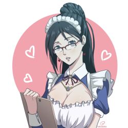 1girls absurdres alternate_costume black_hair blue_eyes breasts cleavage earrings female female_only fire_emblem glasses heart highres jewelry large_breasts looking_at_viewer maid necklace nintendo pink_background ponytail shimazaki_maiko short_sleeves solo tak0baka tokyo_mirage_sessions_#fe tokyo_mirage_sessions_fe