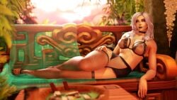 1girls 3d barbell_piercing blizzard_entertainment choker eroa human human_(world_of_warcraft) light-skinned_female light_skin looking_at_viewer lounging mystmantle nipple_piercing nose_piercing original_character pinup solo stockings warcraft white_hair wink world_of_warcraft