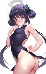 1girls ass bangs bare_shoulders black_hair blue_archive breasts butterfly_hair_ornament china_dress chinese_clothes double_bun genryumon_(blue_archive) grey_eyes halo hi_res kisaki_(blue_archive) light-skinned_female light_skin long_hair nipple_bulge no_bra no_panties pinki_o64 shanhaijing_secondary_school_student simple_background sleeveless sleeveless_shirt small_breasts solo standing thighs twintails white_background young