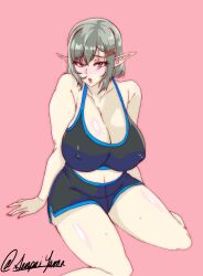 1girls 2022 big_breasts blush cleavage elf elf_ears elf_female female female_only grey_hair hairclip hi_res looking_at_viewer medium_hair narrowed_eyes nipple_bulge pink_background pointy_ears red_eyes senpaiyama shorts sitting solo tank_top thick_thighs