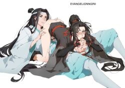 bishonen black_hanfu blowjob blush canon_couple clothed_male_partially_nude_male clothed_sex clothing erection gay gay_sex hanfu lan_wangji long_hair_male male_only mo_dao_zu_shi nyamuse partially_clothed penis pubic_hair stolen_art testicles wei_wuxian yaoi