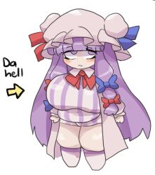 1girls big_breasts blush chubby hat light-skinned_female no_sex notnoe_(dxcl) patchouli_knowledge purple_eyes purple_hair shortstack text thick_thighs touhou white_background