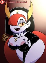 1girls between_breasts bouncing_breasts breasts codykins123 commission cross disney disney_xd english_text eyelashes eyeshadow fangs grabbing_own_breast hair_over_one_eye half-closed_eyes hekapoo horns large_breasts leaning_forward looking_at_viewer makeup naughty_face nipples nun open_mouth orange_eyes orange_sclera red_hair star_vs_the_forces_of_evil tagme thick_thighs thighs white_skin