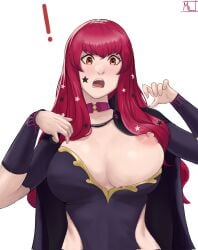 ! 1girls accidental_exposure bangs bare_midriff breasts breasts_out choker cleavage female female_only fire_emblem fire_emblem_engage hair_ornament large_breasts long_hair magdalenus27 midriff nintendo nipples one_breast_out open_mouth red_hair shocked solo star_(symbol) tattoo upper_body wardrobe_malfunction white_background yunaka_(fire_emblem)