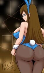 1girls ally_(disventure_camp) ass big_ass big_breasts blue_eyes bunny_ears bunny_girl bunny_tail bunnysuit disventure_camp female female_only flex-jv glasses looking_at_viewer looking_back odd_nation_cartoons