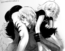 1boy 1girls byleth_(fire_emblem) byleth_(fire_emblem)_(female) carrying carrying_partner dimitri_alexandre_blaiddyd fire_emblem fire_emblem:_three_houses gripping_thighs licking licking_thigh medium_hair monochrome nintendo rimo67200894 sweatdrop unamused