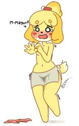 animal_crossing anthro blush blush_lines bodily_fluids canid canine canis caught clothed clothing covering covering_breasts covering_self dialogue dripping dripping_pussy embarrassed english_text female fur furry furry_only genital_fluids isabelle_(animal_crossing) nintendo pussy_juice pyrpul sex_toy shaking solo tail tears text topless trembling vibrator vibrator_under_clothing wet wet_clothing