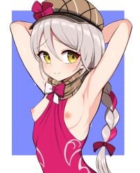 1girls armpit_fetish armpits arms_behind_head arms_up bangs between_breasts blue_background blush border braid braided_ponytail breasts breasts_out brown_scarf clothes_between_breasts commentary_request female fire_emblem fire_emblem_engage framme_(fire_emblem) grey_hair hair_between_eyes hair_ribbon hat highres hondaranya looking_at_viewer medium_hair nintendo nipples outside_border paid_reward_available plaid plaid_scarf ponytail ribbon scarf simple_background small_breasts smile solo sweat upper_body white_border yellow_eyes