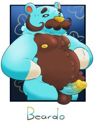 2023 animal_crossing anthro balls bear beardo_(animal_crossing) belly blue_body bodily_fluids erection fur furry furry_only genitals haxsmack hi_res male male_only mammal moobs nintendo nipples overweight overweight_male penis solo sweat