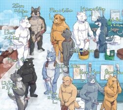 12boys 6+boys abs anthro bath bathhouse bathing biceps black_body blush canid canine canis casual_erection casual_nudity chatting crossed_arms deltoids detailed_background domestic_cat domestic_dog erection eye_contact feet felid feline felis foreskin fur genitals group hand_on_penis hand_on_shoulder hands_on_hips humanoid_genitalia humanoid_hands humanoid_penis kemono looking_at_another male male/male male_only mammal manly muscular muscular_male navel nipples nude pecs penis pubes royalsobatya smile steam towel water