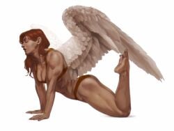 1girls abs dc dc_comics dima_ivanov female female_focus female_only hawkgirl hawkman_(series) muscles muscular_female pinup posing red_hair redhead simple_background solo solo_female solo_focus white_background wings