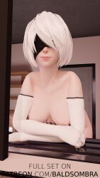 3d baldsombra blindfold breasts feet feet_up light-skinned_female lingerie nier nier:_automata nier_(series) nier_replicant pale-skinned_female pink_nipples pink_pussy short_hair solo solo_female white_hair yorha_2b