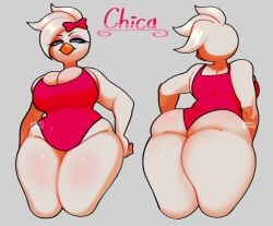 beak big_ass big_breasts big_thighs chicken eyelashes eyeliner female female_only firulais five_nights_at_freddy's five_nights_at_freddy's:_security_breach glamrock_chica_(fnaf) heart-shaped_pupils looking_at_viewer looking_down one-piece shiny_skin tight_clothing white_hair white_skin wide_hips