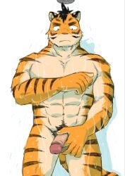 abs anthro balls bathing biceps blush casual_nudity deltoids felid fur genitals hand_on_penis hi_res humanoid_genitalia humanoid_hands humanoid_penis kemono looking_at_genitalia looking_at_penis male male_only mammal muscular muscular_male navel nude orange_body orange_fur pantherine pecs penis royalsobatya shower showering simple_background solo solo_focus stripes tiger