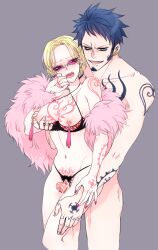 1boy 1girls black_hair blonde_hair blush bra breast_grab breasts_out chest_tattoo crotchless_panties donquixote_doflamingo erection facial_hair feather_coat female genderswap_(mtf) goatee grabbing_from_behind grinding grinding_on_penis hand_on_another's_thigh kizna lingerie looking_at_another looking_back male medium_breasts nail_polish nipple_piercing nipple_pinch nipple_tweak one_piece open_mouth panties penis pink-tinted_eyewear pink_nails precum pubic_tattoo pussy pussy_juice rule_63 short_hair sideburns smile sunglasses tassel tattoo tattooed_arm tattoos thigh_sex tinted_eyewear trafalgar_law uncensored