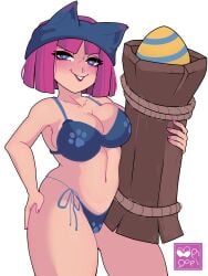 big_breasts bikini bikini_bottom bikini_top blush blushing clash_(series) clash_royale clothed clothed_female clothing firecracker_(clash_royale) firework fireworks heart-shaped_pupils looking_at_viewer mr.dopi pink_hair shiny shiny_skin smile smiling smiling_at_viewer